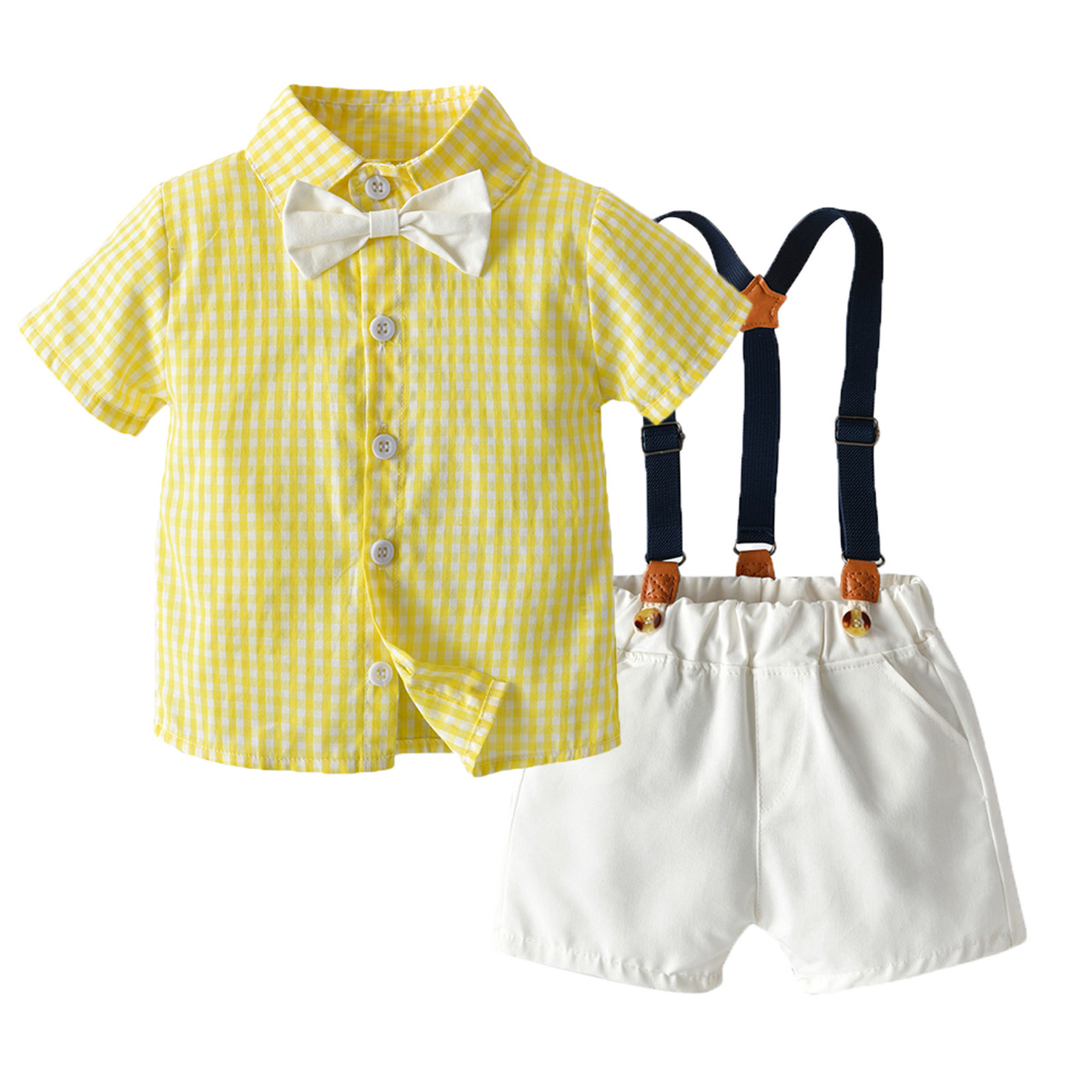 Odeerbi Toddler Two-piece Set Boys Girls Summer Formal Suit Gentleman School Uniform Suit Bow Tie Plaid T-Shirt Suspender Shorts Outfits Baby Clothes Yellow